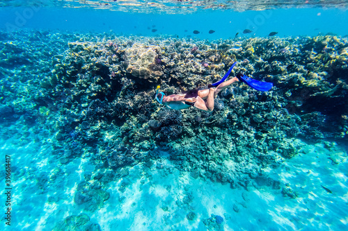 Man in snorkeling mask dive underwater with tropical fishes in coral reef sea pool. Travel lifestyle  water sport outdoor adventure  swimming on summer beach holiday. Underwater shooting