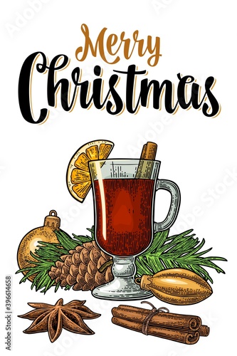 Mulled wine with glass and ingredients. Merry Christmas calligraphic lettering.