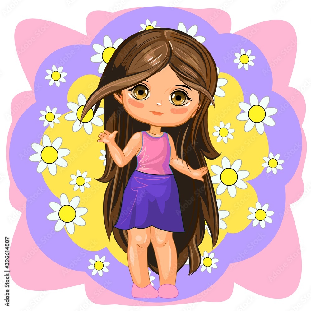Cute little girl in a skirt. Cheerful funny child in a good mood. The isolated object on a white background. Young baby. Cartoon flat style. Vector Cute little girl in a skirt. Cheerful funny child in a good mood. The isolated object on a white background. Young baby. Cartoon flat style. Vector