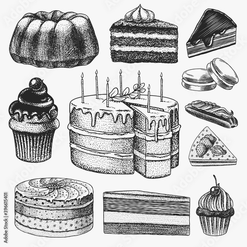 Cakes and cream tarts, fruit desserts and muffins. Chocolate Donuts, Sweet Food. Hand drawn pastries. Vintage engraved sketch. Vector illustration for a banner or menu of a cafe and restaurant.