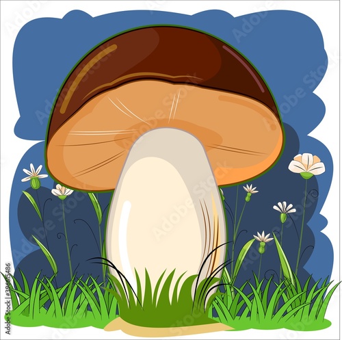 Brown mushroom against the background of a night flowering meadow. Cartoon flat style. Landskape Wildflowers and grass. Isolated on white. Beautiful little forest mushroom. Scenery. Vector