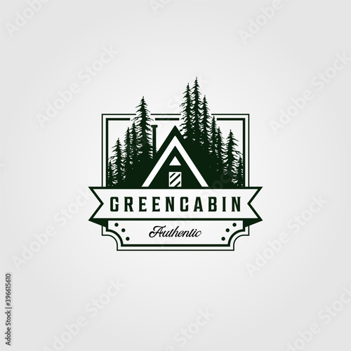 cottage vector logo vintage illustration with pine tree symbol design