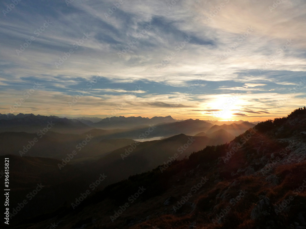 Sunset panorama view at Benediktenwand mountain in Bavaria, Germany