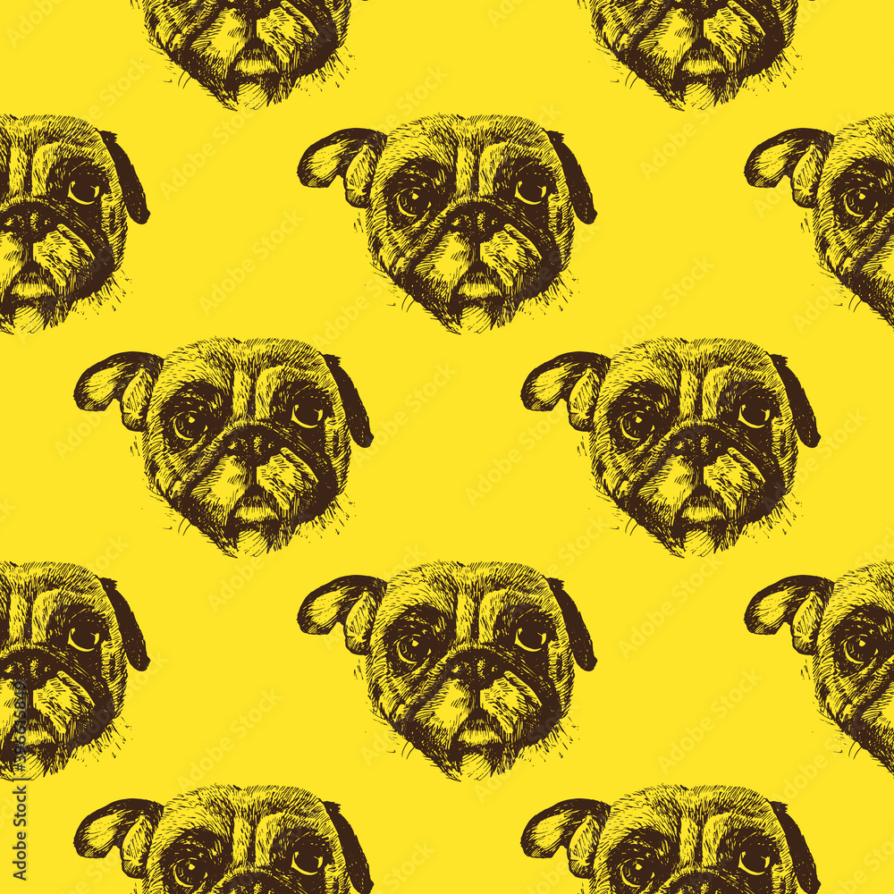 Seamless pattern with hand drawn pug dog portraits on yellow background, vector illustration  