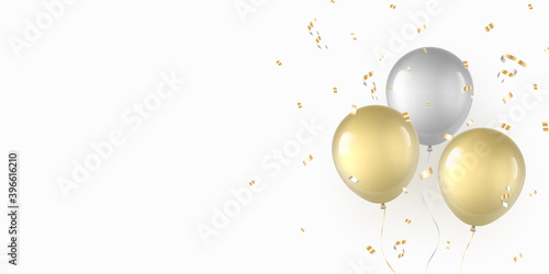 Gold and silver balloons with confetti. Festive background vector