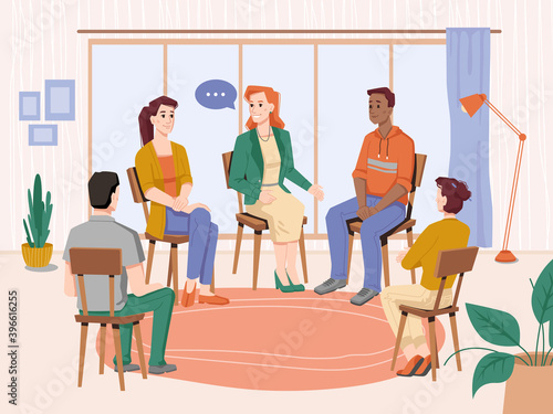 Group therapy indoors, people sitting on chairs in circles, meeting session with psychologist. Vector therapist discussing problems with patients. Psychotherapy, man, woman counselor on consultation