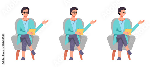 Professional psychologist sitting in chair and speaking. Isolated set of characters smiling and talking to patient. Psychological support and help of specialist, assistance in mental recovery vector