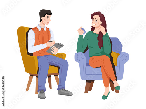 Female character crying and complaining about life and problems to psychologist. Professional doctor listening to patient, giving treatment and psychological support and help. Vector in flat style