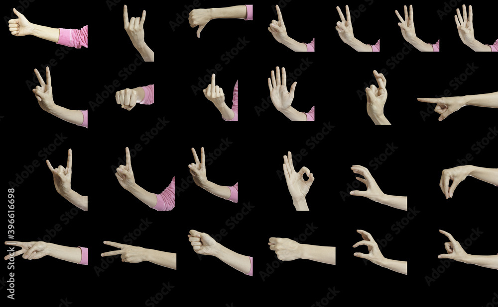 set of female hands isolated on black background. Girl hands gestures set of female hands isolated on black background. Girl hands gestures