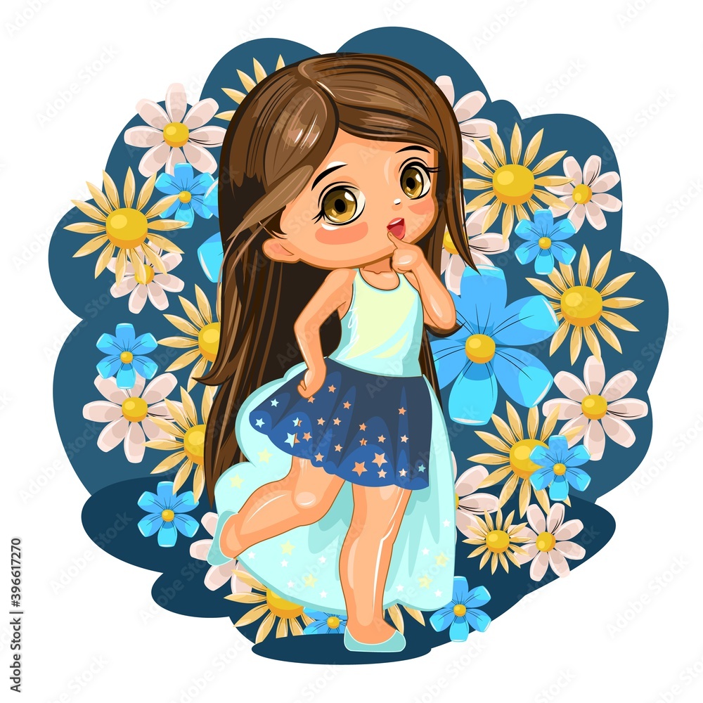 A cute little girl dressed as a princess. Cheerful funny child in a good mood. The isolated object on a white background. Young baby. Cartoon flat style. Vector