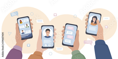 Hands with smartphones. People communicate in social networks and messengers, chat, write online sms, and use video calls. Mobile applications and Internet technologies. flat vector