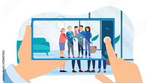 Photographing of happy family on smartphone at home. Smiling grandfather, grandmother, mother, father and daughter. Home apartment interior. Cartoon flat vector illustration