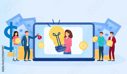Abstract concept of crowdfunding, startup investment. Online service project to donate, support or collective raise money for new idea. Entrepreneur business strategy. Cartoon flat vector illustration