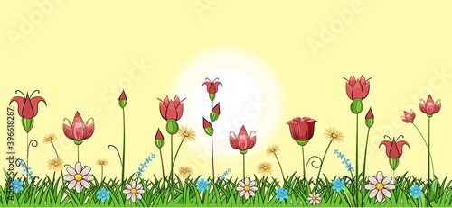 Blooming meadow with grass and flowers. Sky. The sun is on the horizon. Scenery. Cartoon style. Romantic fabulous illustration. Beautiful natural view. Wild plant nature. Rural scene. Vector