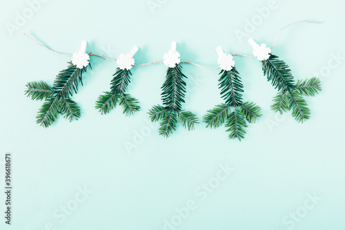 Christmas, winter composition. Xmas holiday decorations on pastel blue background. Christmas, New Year, winter concept. Flat lay, top view, copy space