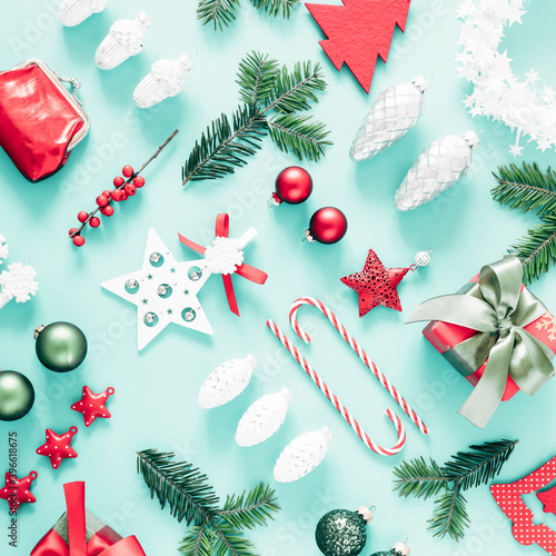 Christmas  winter composition. Xmas holiday decorations on pastel blue background. Christmas  New Year  winter concept. Flat lay  top view  copy space