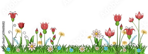 Blooming meadow with grass and flowers. Cartoon just style. Isolated on white background. Romantic fabulous illustration. Vector