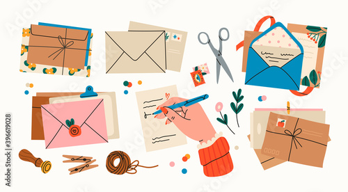 Various Envelopes with mail, postmarks, Postcards. Different objects, Craft paper, scissors, twine, sealing wax, handmade cards, confetti. Hand drawn Vector set. All elements are isolated