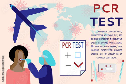 Poster design for mandatory PCR Testing at the airport for flight in the context of the caronvirus pandemic. Vector flat illustration