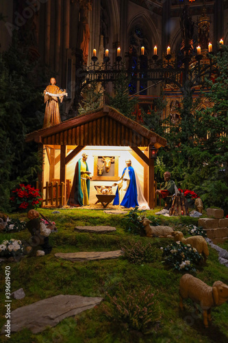 Christmas decoration,
Traditional nativity scene with holy family in bethlehem.