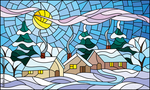 Illustration in a stained glass style with a winter landscape, cozy village houses against a snowdrift and a Sunny sky