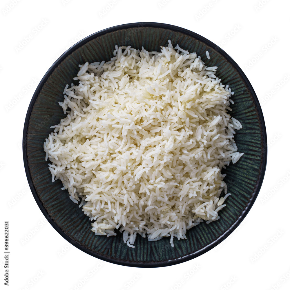 Bowl of boiled rice isolated on white top view Bowl of boiled rice isolated on white top view