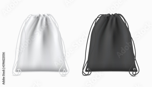 Drawstring backpacks white, black design with ropes for sport, hiking, students realistic mock ups set.