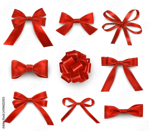 Red bows with single, double, multiple loops realistic set. Ribbons wide, thin for holiday gifts.