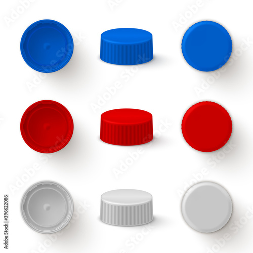Caps plastic for bottles realistic mock ups set. Top, bottom, side view. Lids white, red, blue.