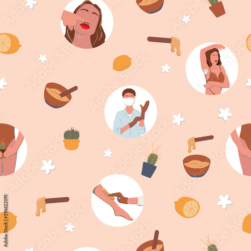 Vector illustration about hair removal by sugaring. Depilation area: armpits, legs, bikini, above lip. Cosmetologist, cup with sugar paste and spatula. Can be use as seamless pattern for background