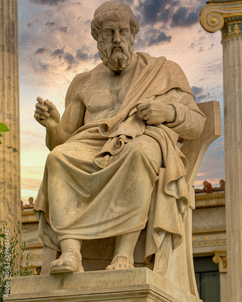 Fototapeta premium Plato the ancient Greek philosopher statue under dramatic sky, Athens Greece