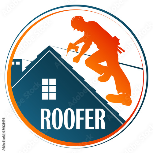 Roofer in hard hat with tool on the roof symbol for business	