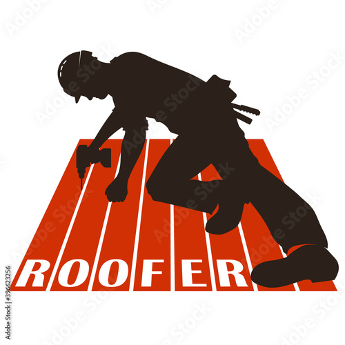 Roofer with tool on the roof silhouette for business