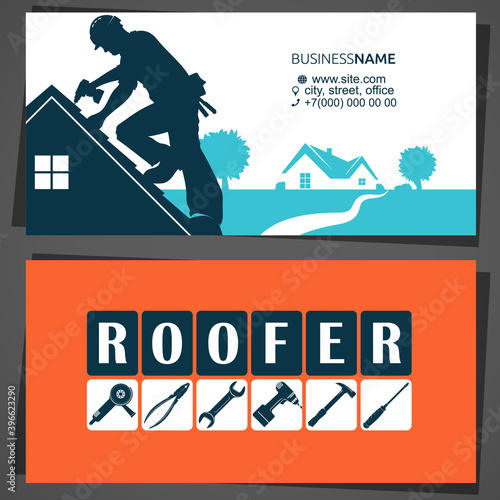 Roofer in helmet with tool on the roof of house business card