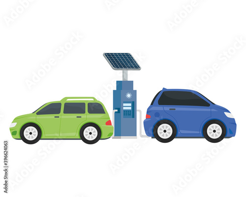 electric ecology service station with purple and green cars vector illustration design