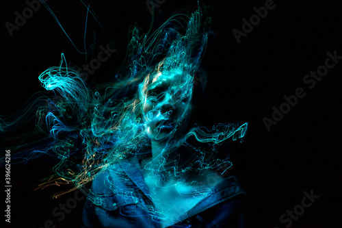 lightpainting portrait, new art direction, long exposure photo without photoshop, light drawing at long exposure