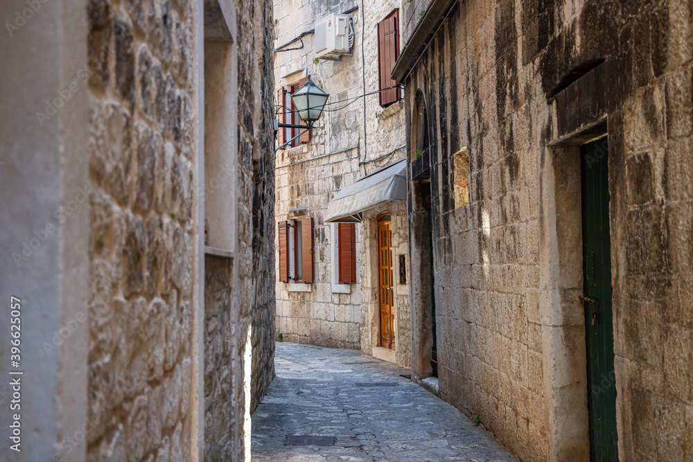 View of the old city of Trogir, Mediterranean architecture, narrow streets