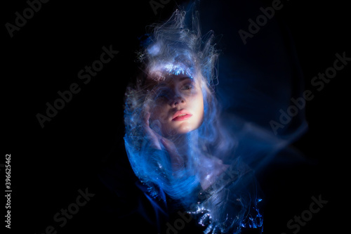 lightpainting portrait, new art direction, long exposure photo without photoshop, light drawing at long exposure