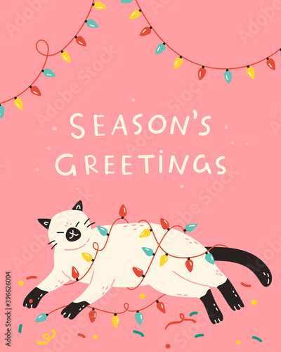 Vector template for banner, card or poster. Illustration of a cat tangled in Christmas lights and a season's greetings message. Design element for winter holidays in cute hand drawn style.
