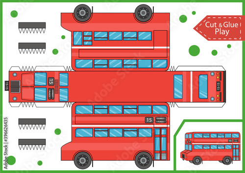 Cut and glue a 3d double decker bus. Worksheet with education game. Kids crafts activity page.  Children art game. Create red bus yourself. Birthday decor. 