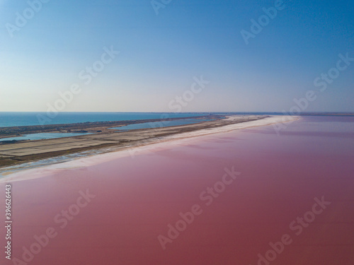 Aerial view to pink salt lake. Sasyk-Sivash pink salt lake in Crimea.