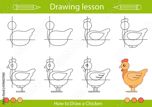 Drawing tutorial a cock. Step by step repeats the picture. Drawing lesson for children. Actives worksheets with cartoon animals. Kids funny activity art page. Vector illustration.