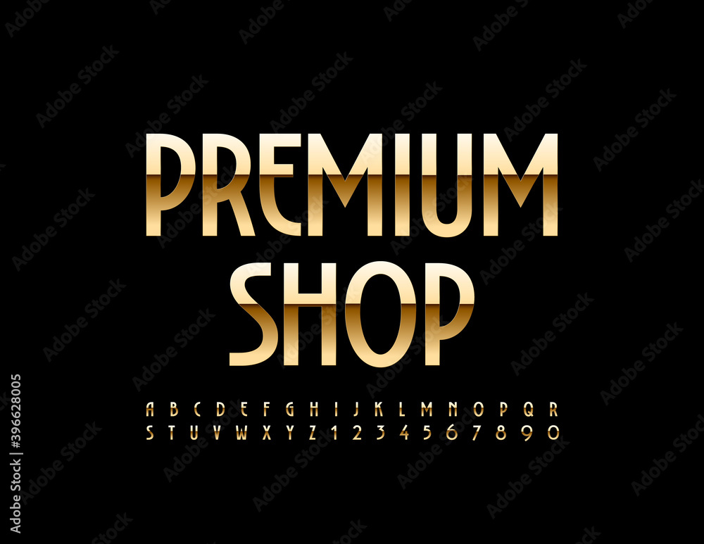 Fototapeta Vector luxury sign Premium Shop. Elegant Glossy Font. Golden Alphabet Letters and Numbers.