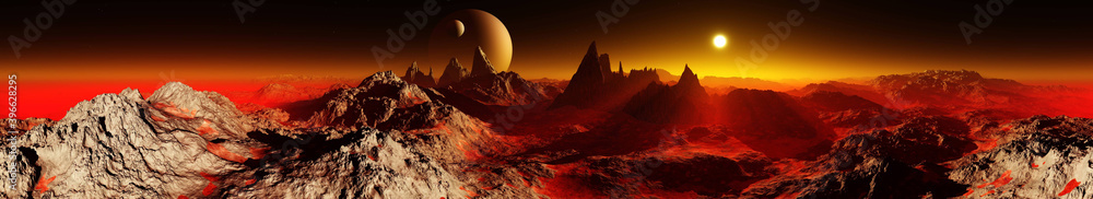 Fototapeta premium Beautiful alien landscape, panorama of another planet at sunset, 3D rendering