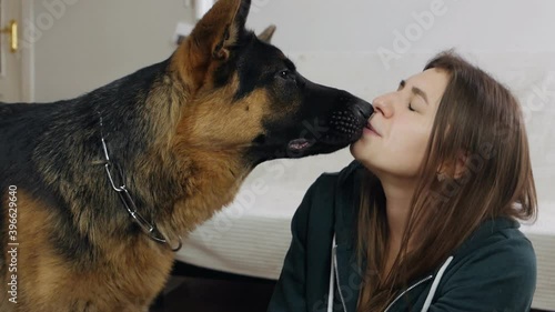 Smiling young woman spends free time with her dog at home. Young woman sits on the floor in her apartment with a dog, German shepherd, the dog licks the mistress