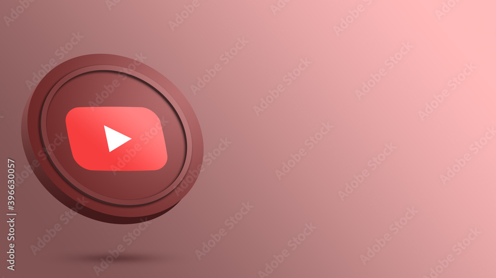 Youtube logo icon on round button 3d render background Stock