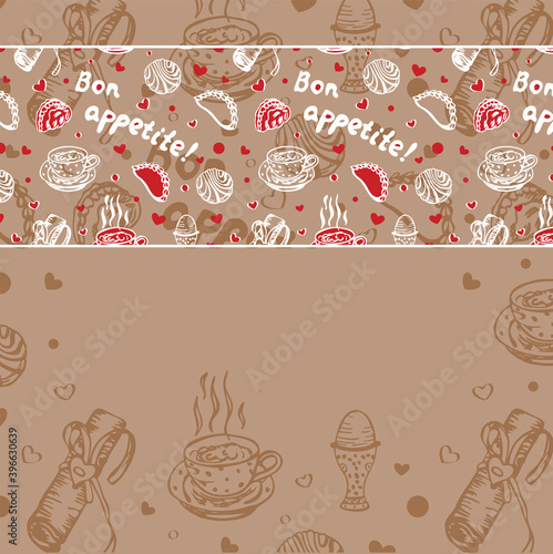 Food love banner for cafe or restaurant with space for text. Bon appetite greeting card with cake, coffee, tea, pie, pasty, bun, jam patty, zephyr, napkin, egg  