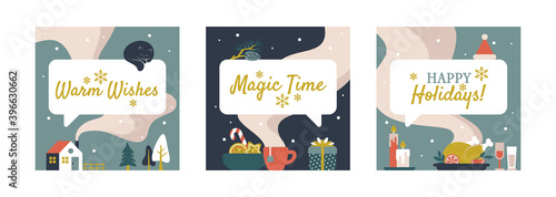 Winter holidays square card templates. Aromatic coffee or tea, delicious turkey and warm Christmas atmosphere. Flat design greetings set with text box or bubble for social media, email or print