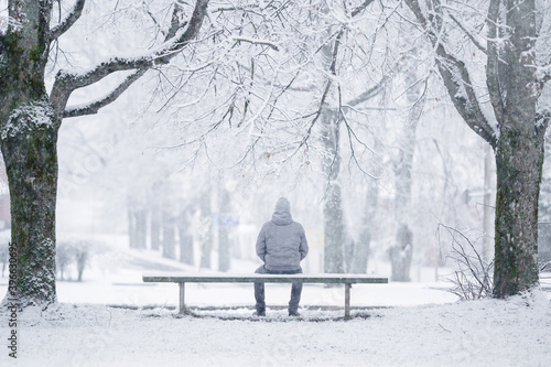 One young adult man sitting on bench between trees at park in white winter day after blizzard. Fresh first snow. Thinking about life. Spending time alone in nature. Peaceful atmosphere. Back view. photo