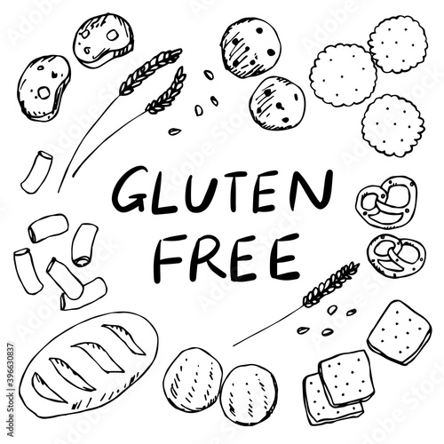 グルテンフリーの食べ物(クッキー,パン,パスタ,クラッカー,ビスケット)の手描きモノクロイラスト
